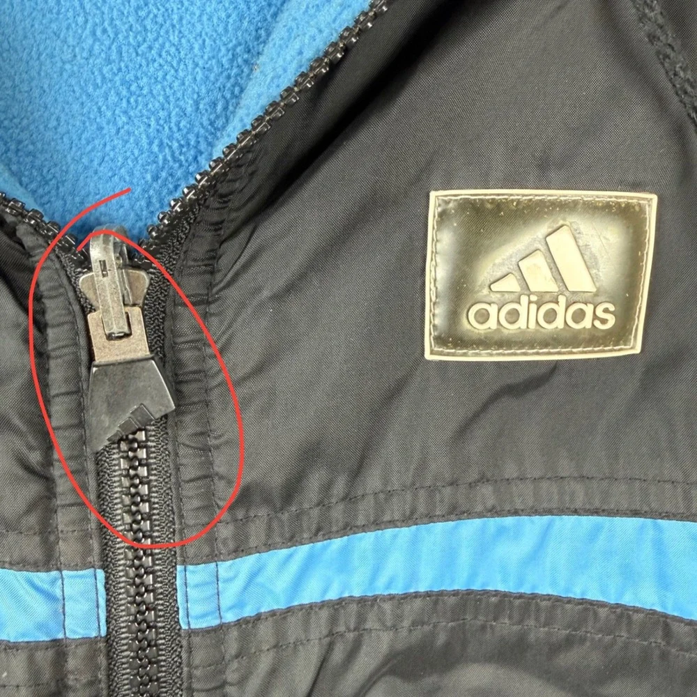 Vtg 90s Adidas Black Blue Fleece reversible Hooded Windbreaker Jacket Mens Large